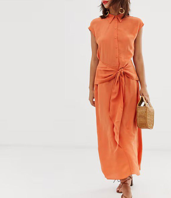 women & Other Stories Waist Tie Midi Orange Salmon Day Dress 4