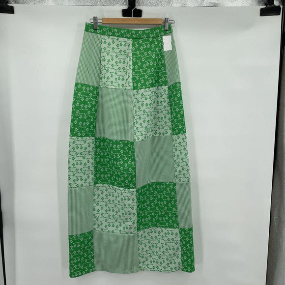 Women's Vintage Patchwork Knit Maxi Green White Skirt 6