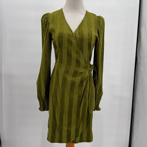 women FRNCH NWT Candy Striped Wrap Warm Olive Green Day Dress XS