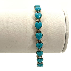 Turquoise Heart Bracelet 7-3/4” Long Sterling Silver Jewelry