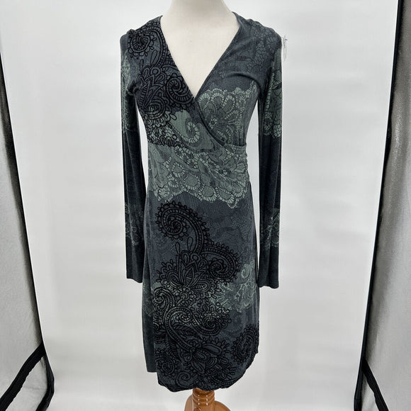 Desigual Splice Knit Lace Print Dress Green Black Medium