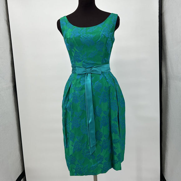 women 1950's Vintage Brocade Party Dress Green with Blue Roses Women's Size 9 Green Vintage S