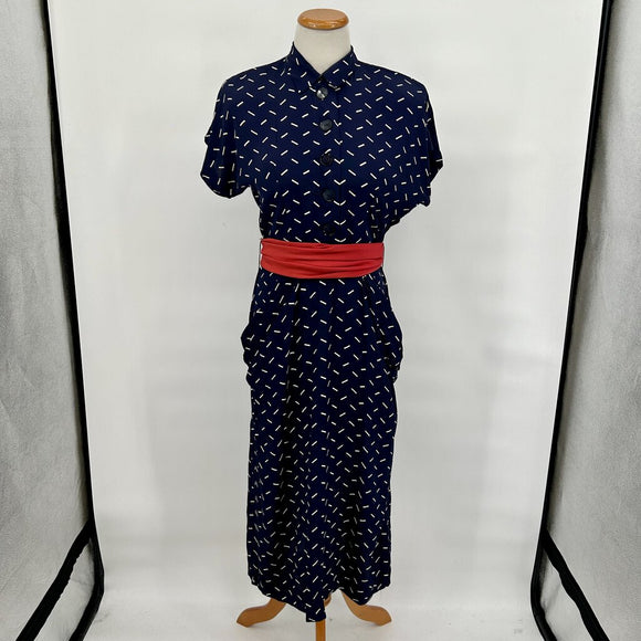 women Vintage 1940's Navy Blue Dress with Capelet and Belt Women's Size Small Navy Blue/Red Vintage