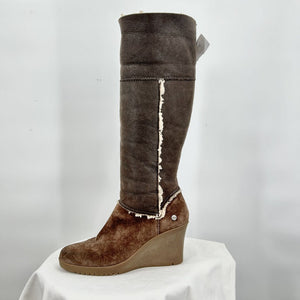 women Ugg Women's Ugg Shearling Wedge Boots Knee High Brown Size 9 Brown Shoes 9