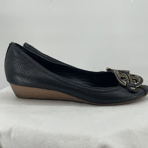 women Tory Burch Tory Burch Amanda Open Toe Demi Wedge in Black Leather Women's Size 7.5 Gray Shoes 7.5