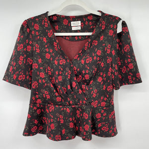 women Meadow Rue Floral Peplum Black Top S