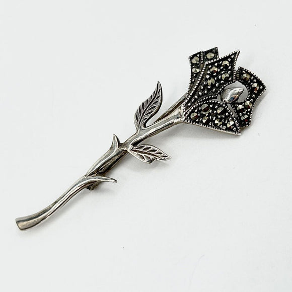 Sterling Silver and Marcasite Rose Pin Brooch Jewelry