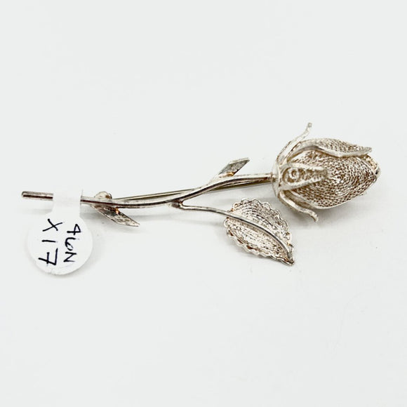 Silver Filigree Rose Pin Brooch Jewelry