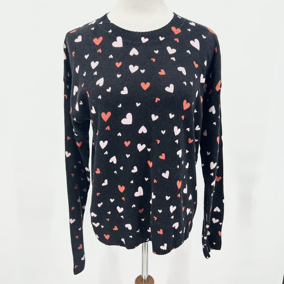 women 27 Miles NWT Cashmere Heart Print Black, Pink, Red Sweater L