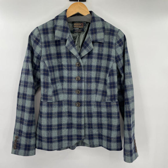 women Pendleton Virgin Wool Plaid Dusty Teal & Navy Blue Jacket 8