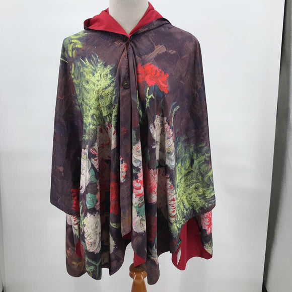 women Rain Caper Rain Cape Reversible Art Red Jacket OS