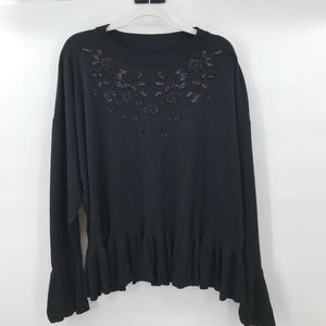 women Beaded Ruffle Hems Black Sweater 1X