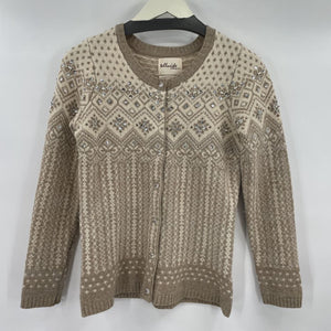 women Telluride Clothing Co. Lambswool Fair Isle Beaded Cardigan Taupe and Cream Sweater S