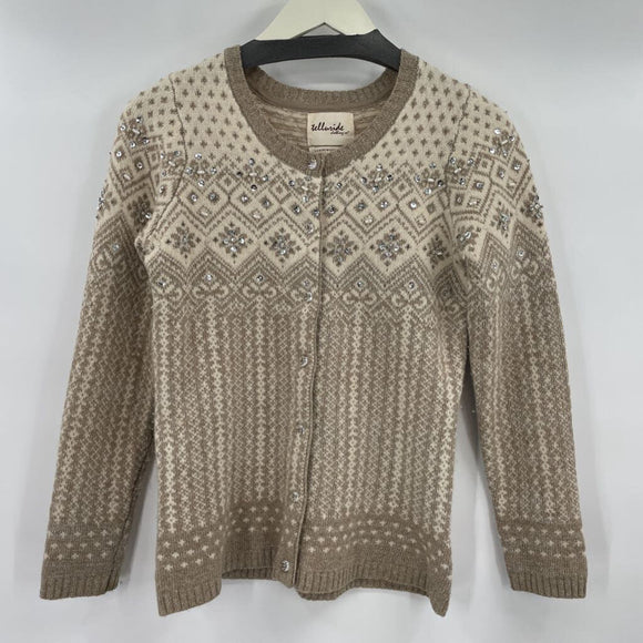 women Telluride Clothing Co. Lambswool Fair Isle Beaded Cardigan Taupe and Cream Sweater S