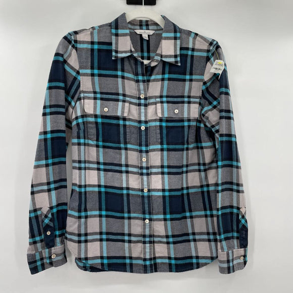 women LL Bean Flannel Button Down Blue Gray Top 6