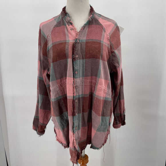 women We the Free Distressed Flannel Pink Red Top S