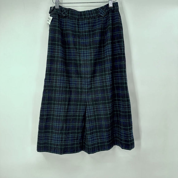 women Pendleton Vintage Blackwatch Plaid Wool Knee Length Pencil Navy Blue Hunter Green Skirt 6