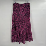 women Gallery Flounce Hem Pink Floral Print Midi Black Skirt M