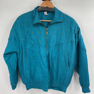 women coAco Vintage 80's Beaded Silk Teal Gold Jacket L