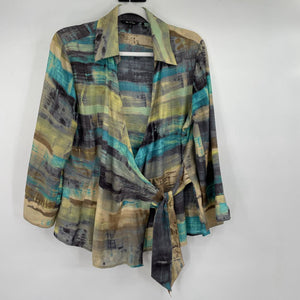 women Nic + Zoe Cotton/Silk Wrap Print Blouse Turquoise Gray Brown Yellow Tan Top L