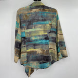 women Nic + Zoe Cotton/Silk Wrap Print Blouse Turquoise Gray Brown Yellow Tan Top L