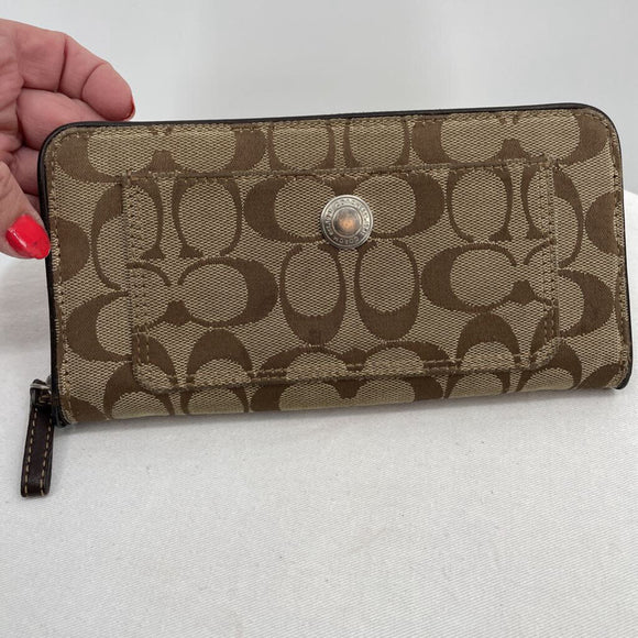 women Coach Canvas Zip Around Wallet Brown Purse