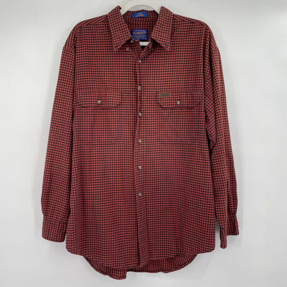 men Pendleton Gingham Check Cotton Button Front Orange Black Top L