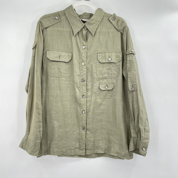 women Chico's Linen Safari Shirt Green Top L