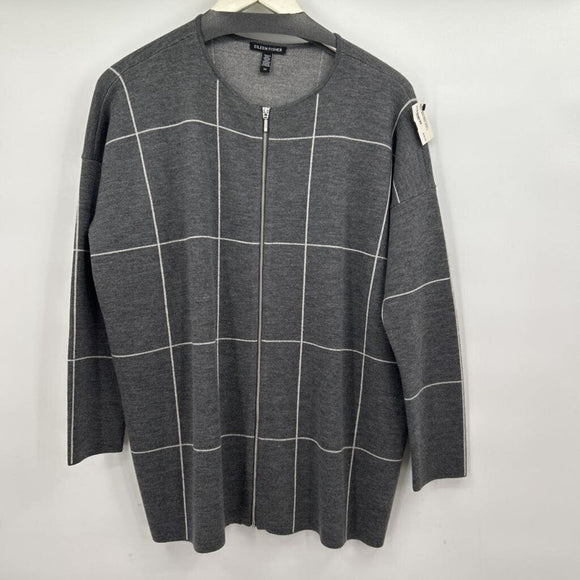 Women's Eileen Fisher Merino Wool Grid Check Gray Sweater Small